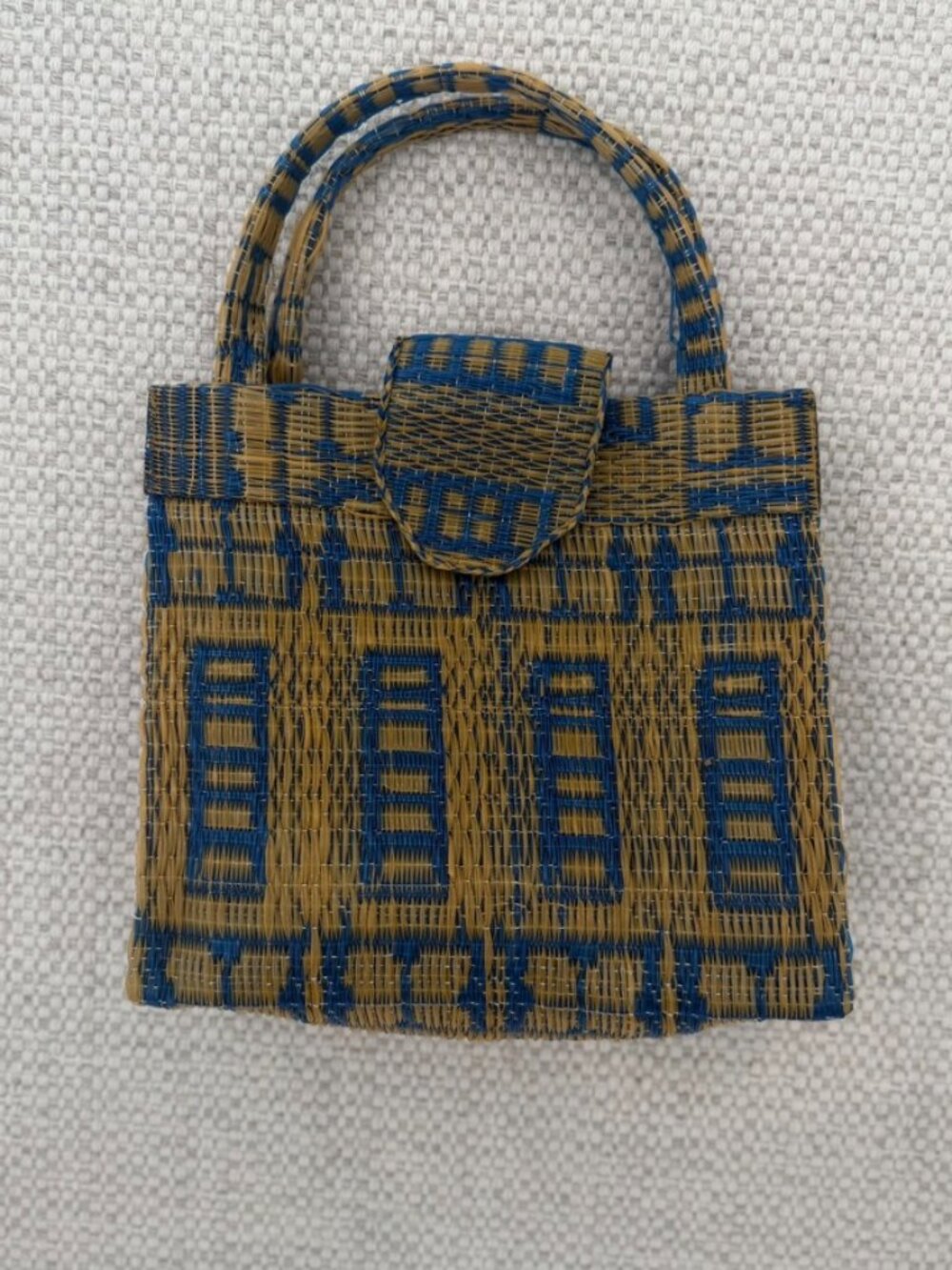 Woven Top Handle Bag Blue and Yellow Natural Geometic Woven LNWOT